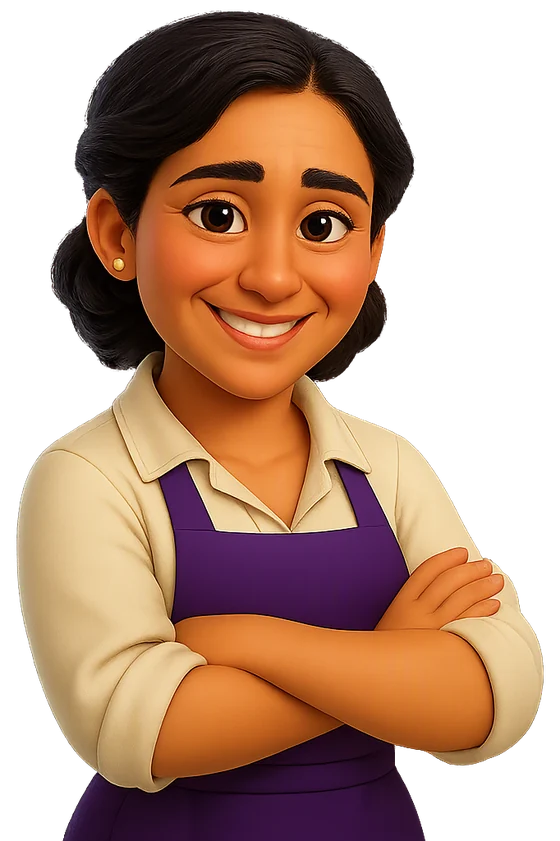 La dueña de la cafetería, sonriente y con los brazos cruzados.